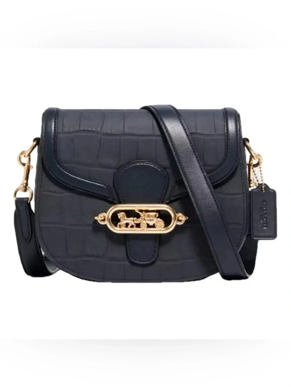 COACH Jade Saddle Bag Black Crocodile Embossed Leather Crossbody 91068